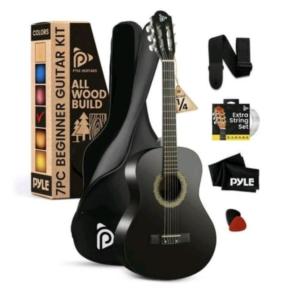 Pyle Beginner Acoustic Guitar Kit 1/4 Junior Size All Wood Instrument New In Box